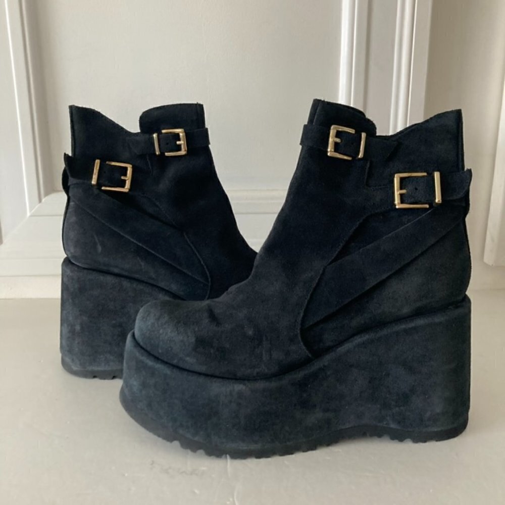 Free People Sabrina Black Suede Gold Buckle Platforms Sz 38.5